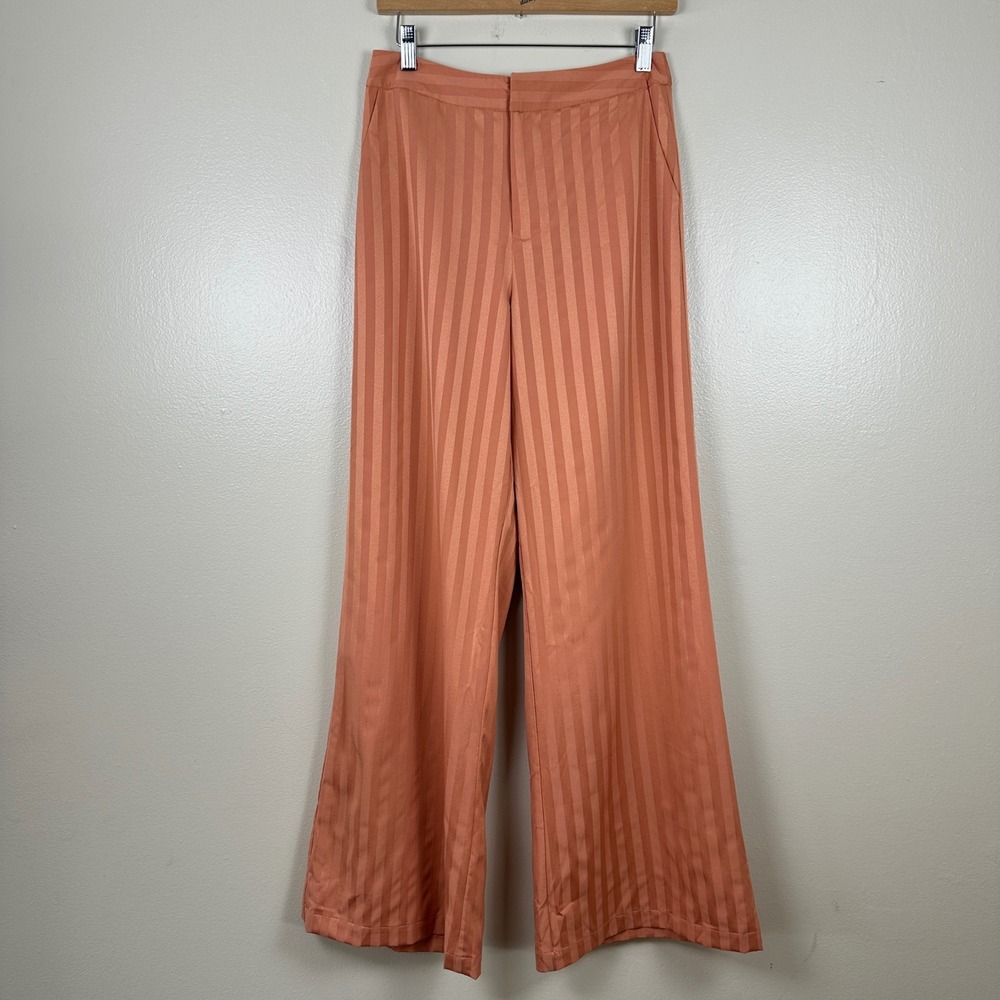 Lulus Women's S Wide Leg Trousers Salmon Pink Striped High Rise Funky Party